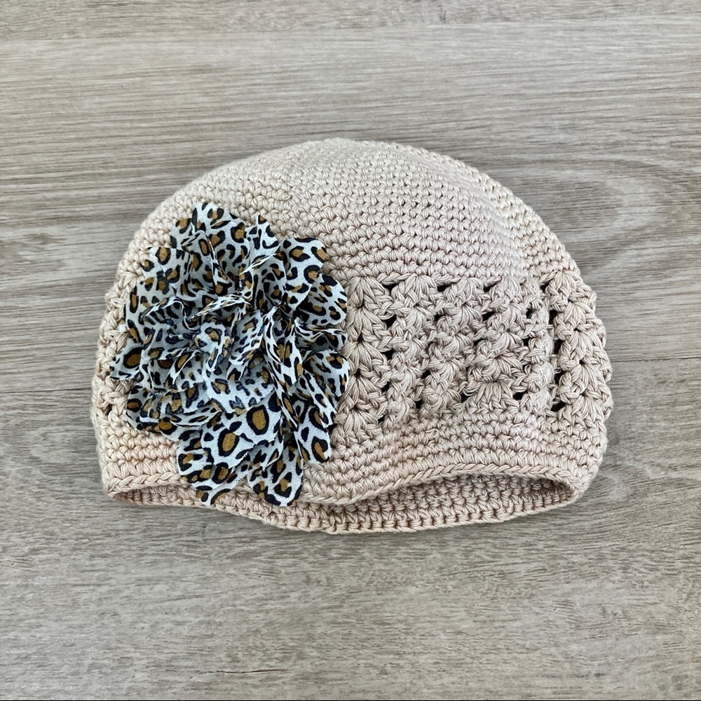 Fall Baby Beanie Crochet Hat Tan Leopard Flower 12-24 Months